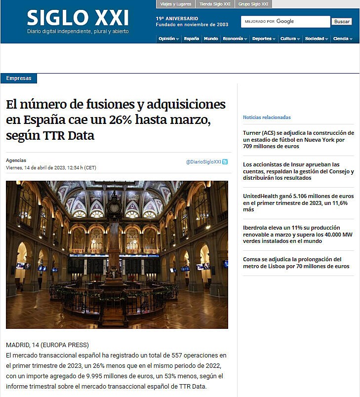 El nmero de fusiones y adquisiciones en Espaa cae un 26% hasta marzo, segn TTR Data